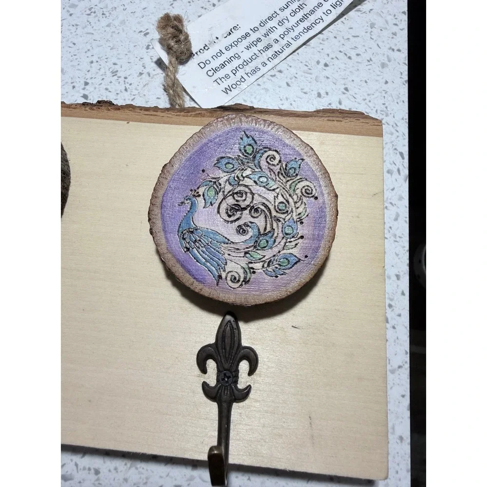 Boho‎ Artisan Wood Slice Wall Hook Rack Hand Painted Elephant Peacock  Decor